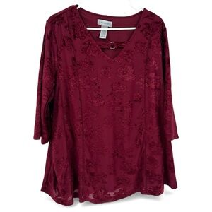 Catherines Red Moroon 3/4 Sleeve Burnout Crushed Velvet Tunic 1X/18-20 Holidays